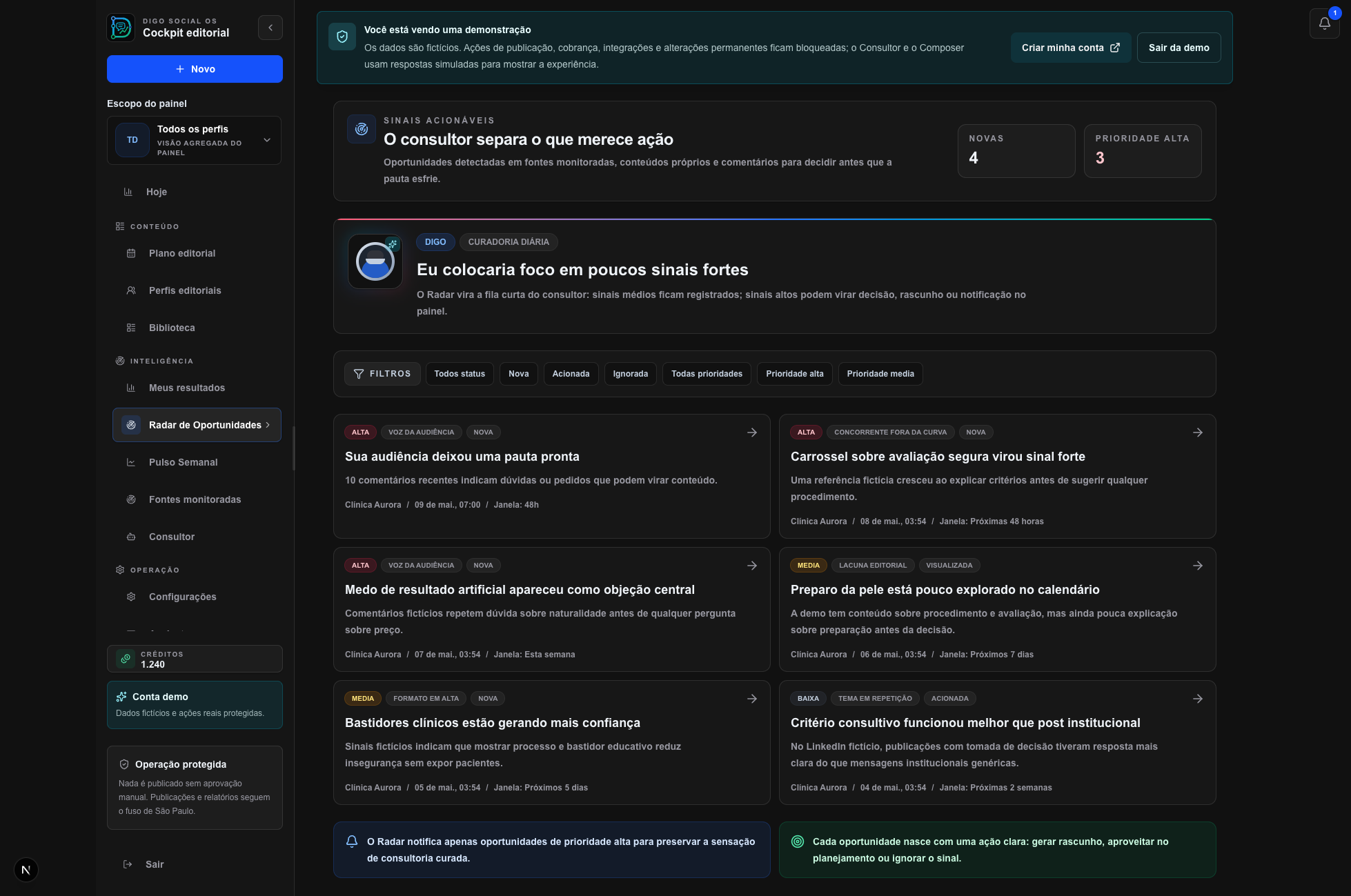 Print da tela Radar de Oportunidades com sinais priorizados pelo consultor.